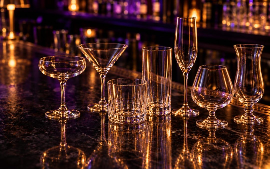 Lineup of cocktail glasses including a coupe, martini glass, rocks glass, highball, champagne flute, brandy snifter and hurricane glass