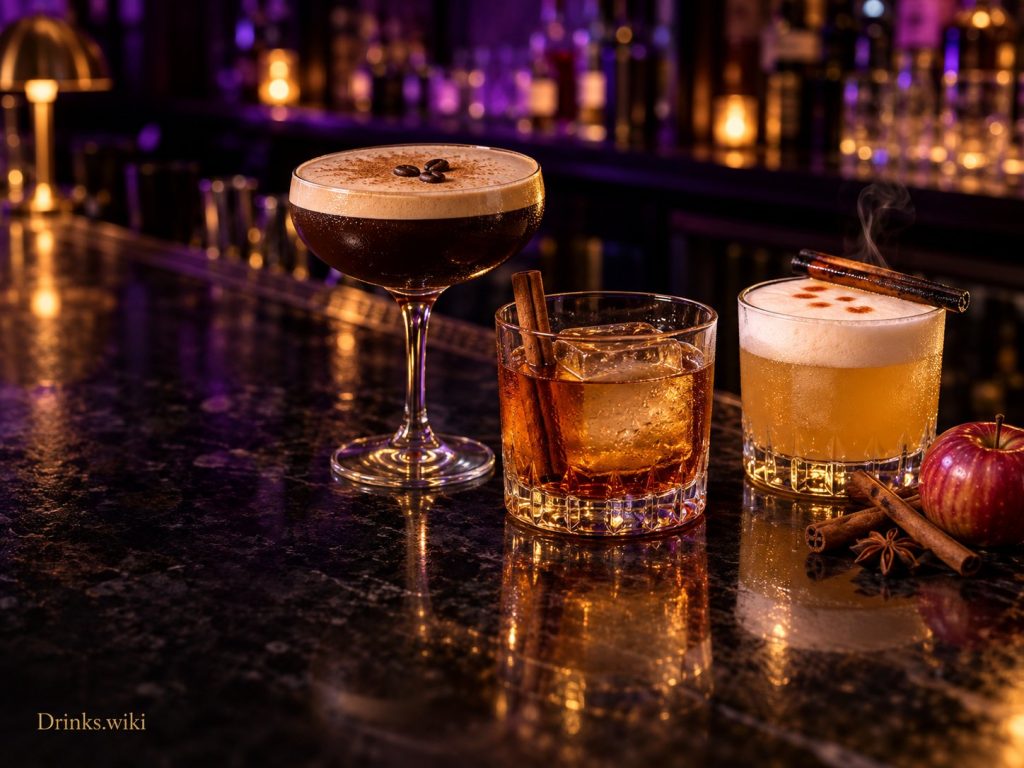 Fall cocktails on a dark bar