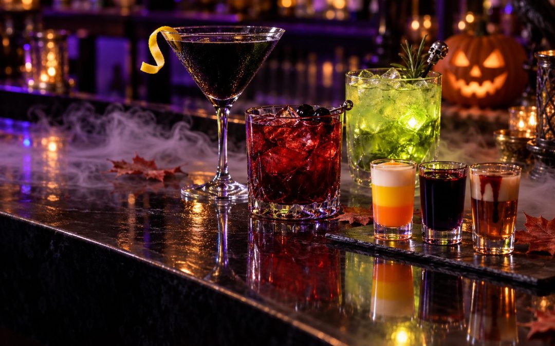 Halloween cocktails and layered shots on a dark bar with a glowing jack-o-lantern